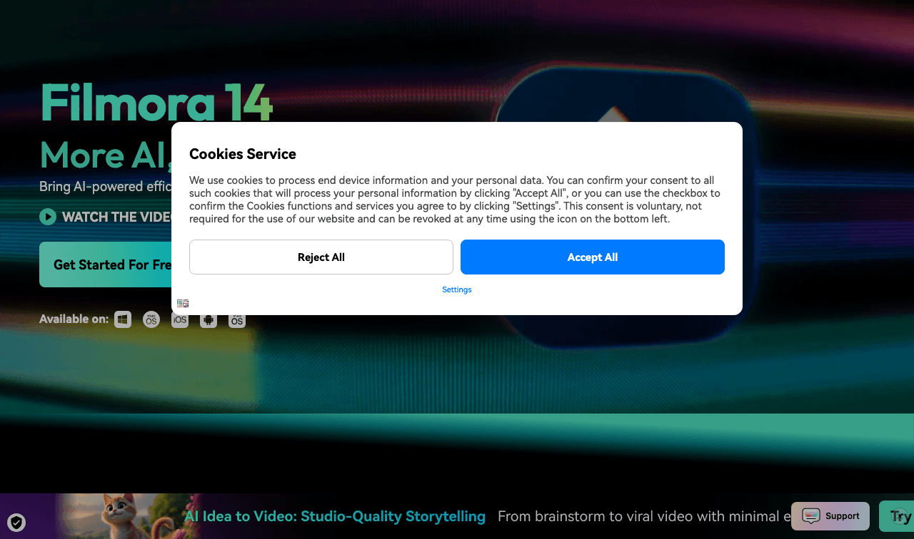 Wondershare Filmora Video Editing showing Video Editing - More AI, Videos in Less Clicks