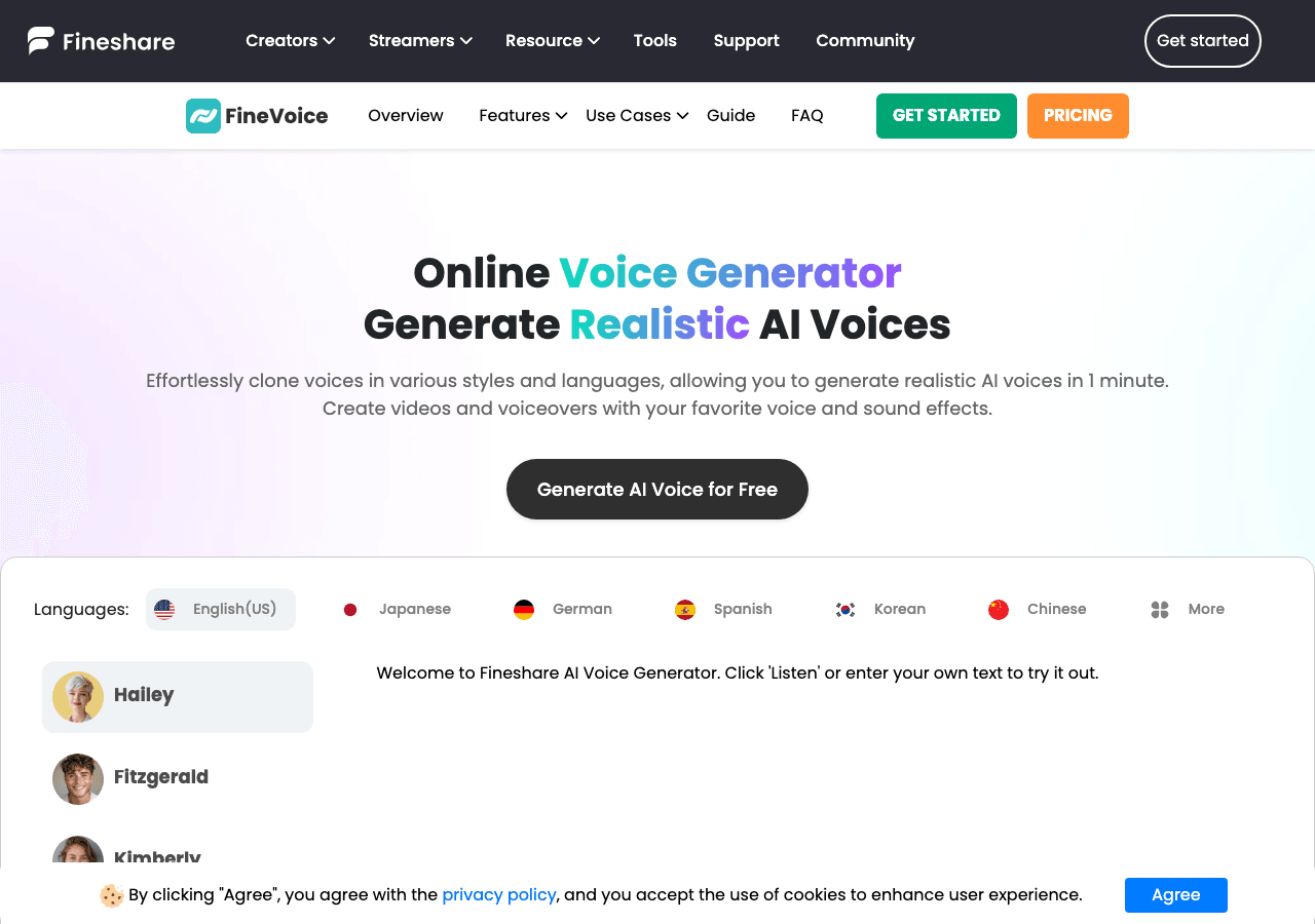 FineShare FineVoice Audio Generation showing Audio Generation - Empower your content with FineVoice