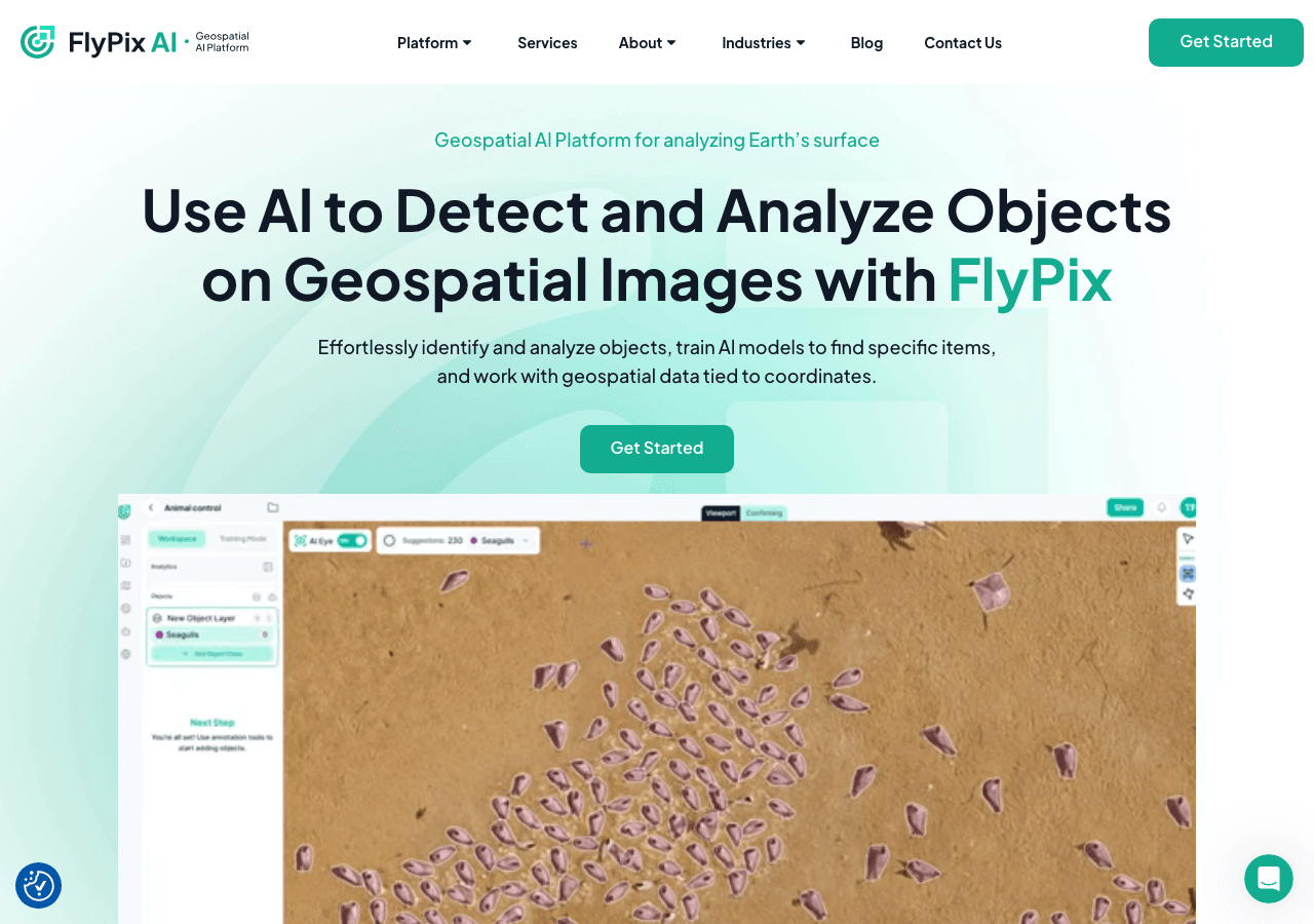 FlyPix AI Data Analytics showing Data Analytics - AI-powered geospatial insights in seconds