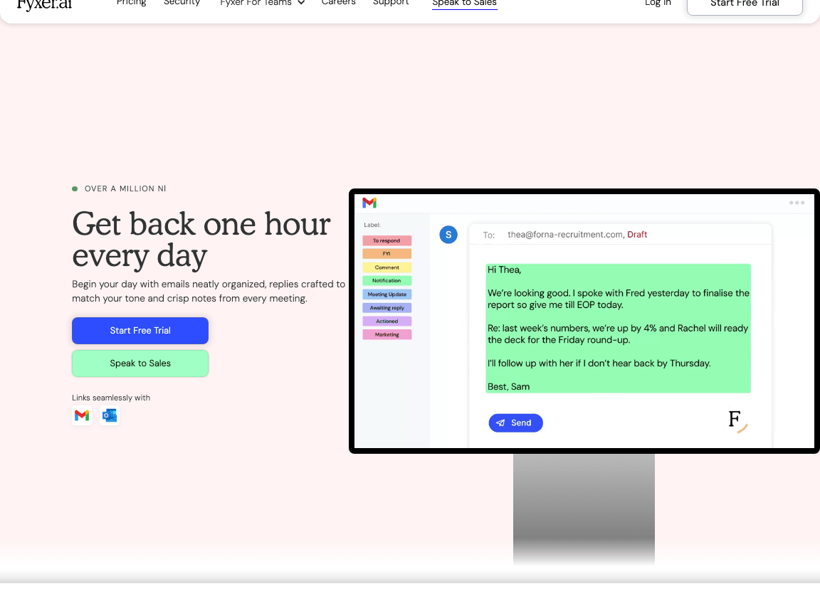 Fyxer AI Conversational AI showing Conversational AI - Streamline email, meetings, and knowledge—AI productivity for every te