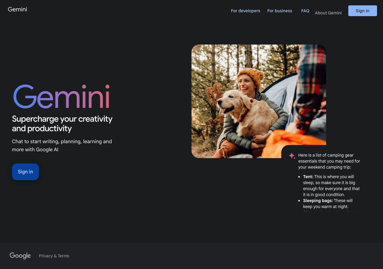 Google Gemini Conversational AI showing Conversational AI - Your everyday Google AI assistant for creativity, research, and p