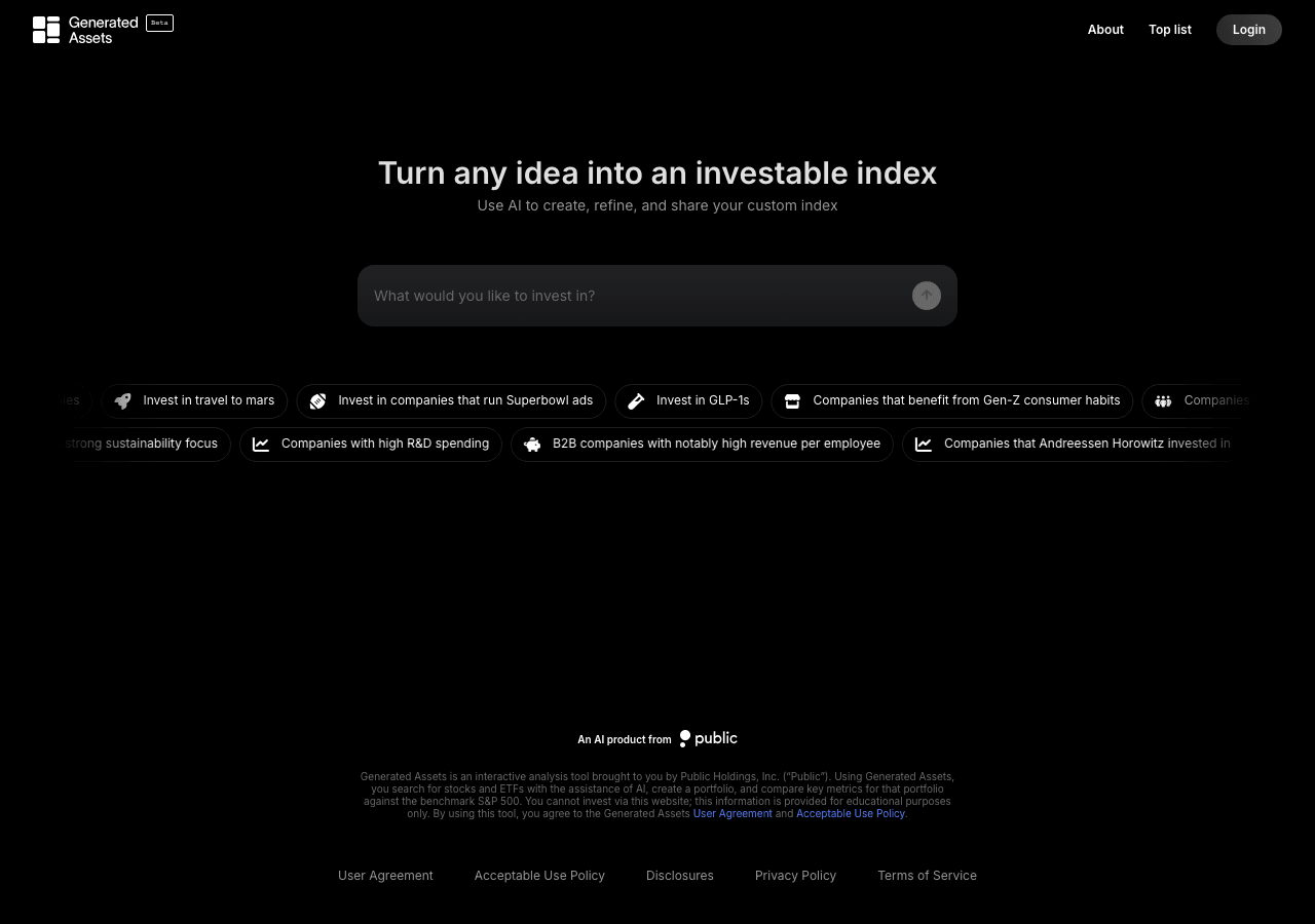 Generated Assets Data Analytics showing Data Analytics - Turn any idea into an investable index with AI