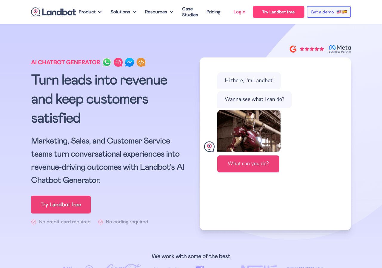 Landbot Conversational AI showing Conversational AI - Transform your website into a conversation