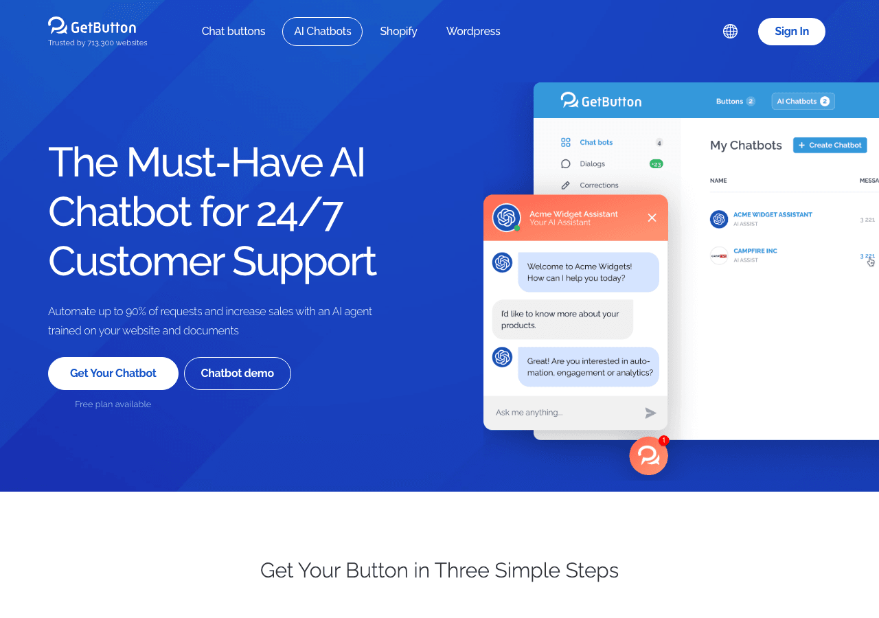 GetButton Conversational AI showing Conversational AI - Engage visitors with a multi-channel ChatGPT bot — automate support,