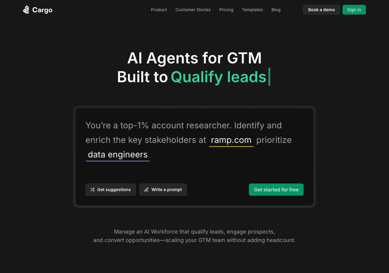 Cargo Conversational AI showing Conversational AI - The revenue infrastructure layer for modern GTM teams