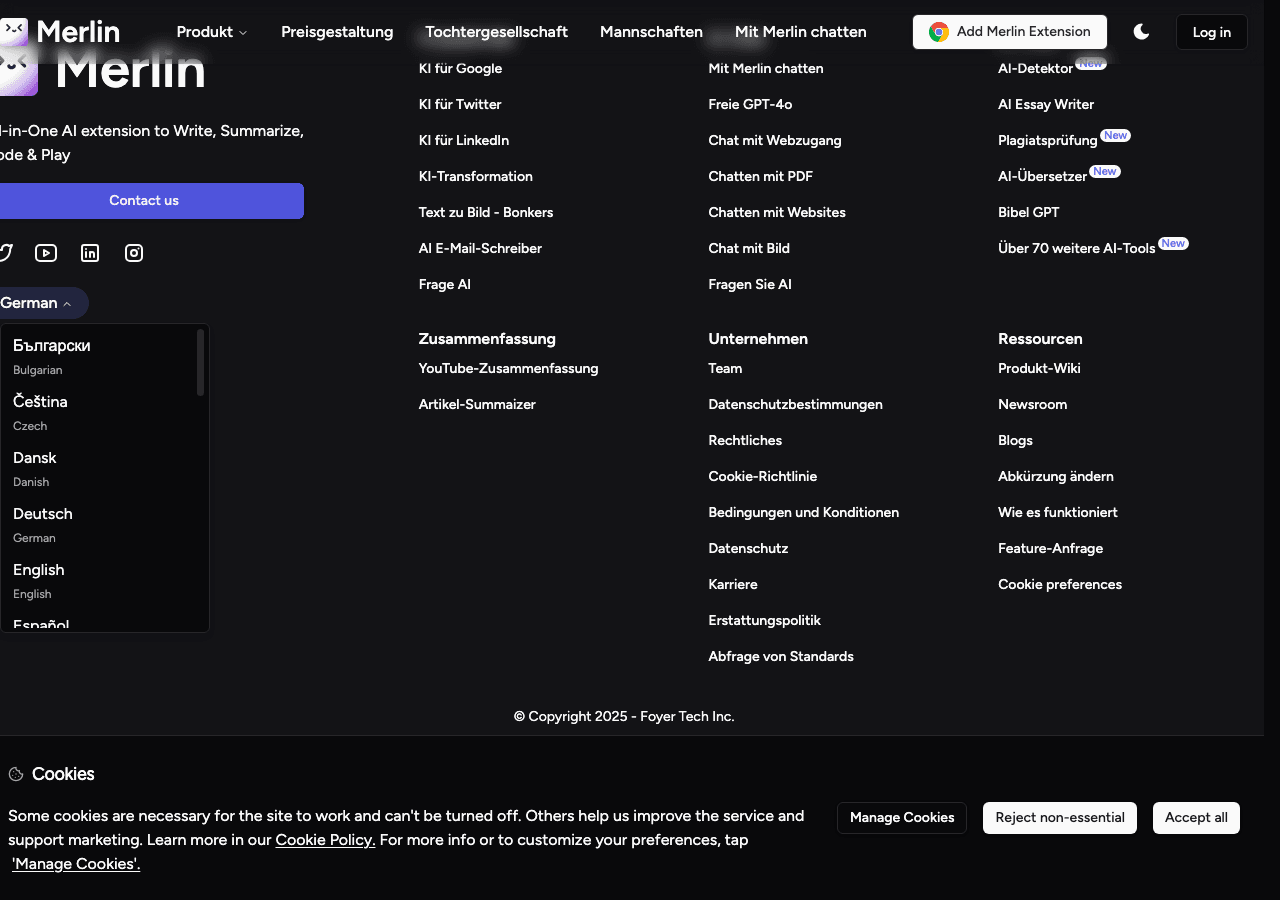 Merlin Conversational AI showing Conversational AI - The all‑in‑one AI copilot for your browser, content and research