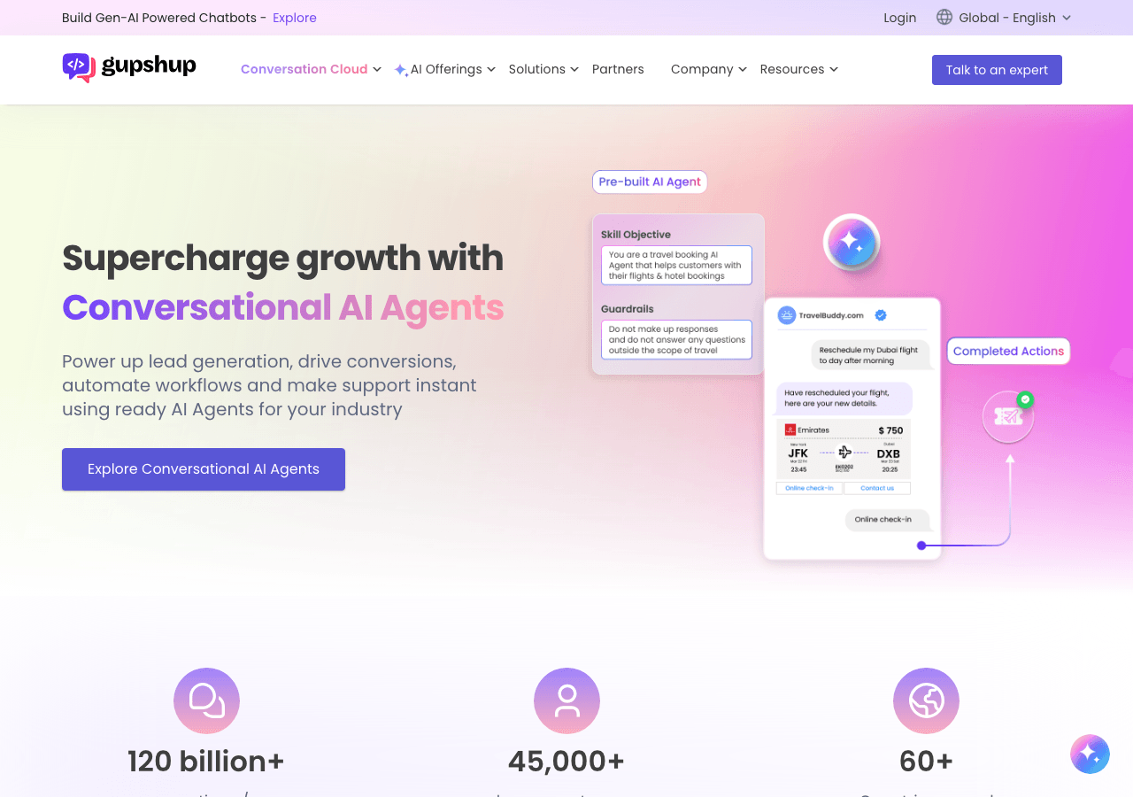 Gupshup Conversational AI showing Conversational AI - Automate and personalize customer conversations across every channel wi