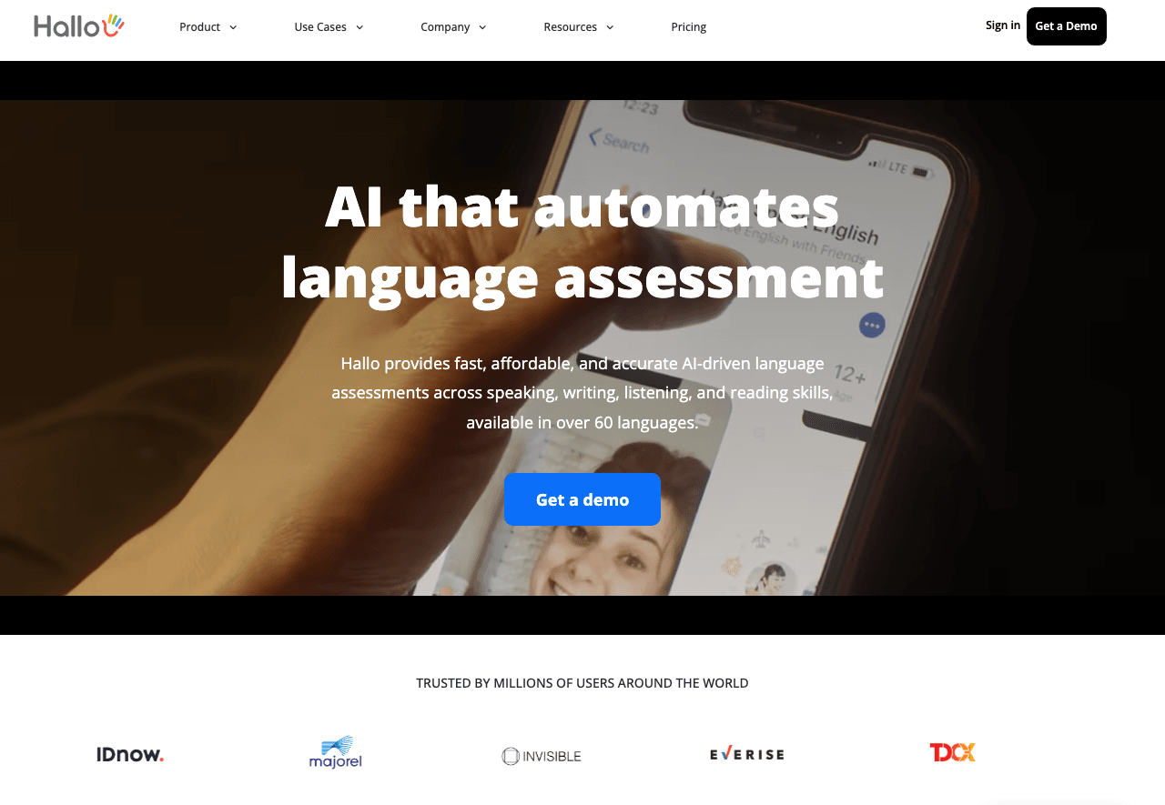 Hallo AI Writing & Translation showing Writing & Translation - Fast, scalable, AI-powered language assessment for global orga