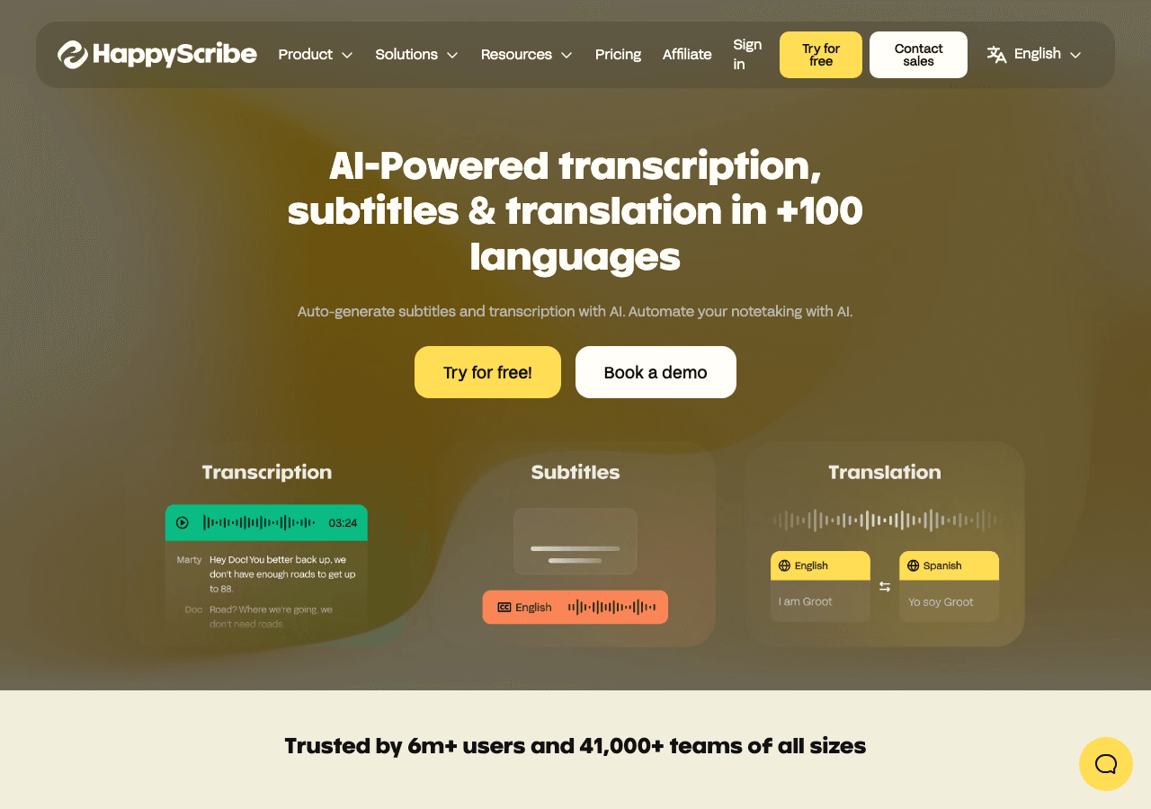 HappyScribe Audio Editing showing Audio Editing - AI notes, transcription, subtitles & translation in 120+ languages