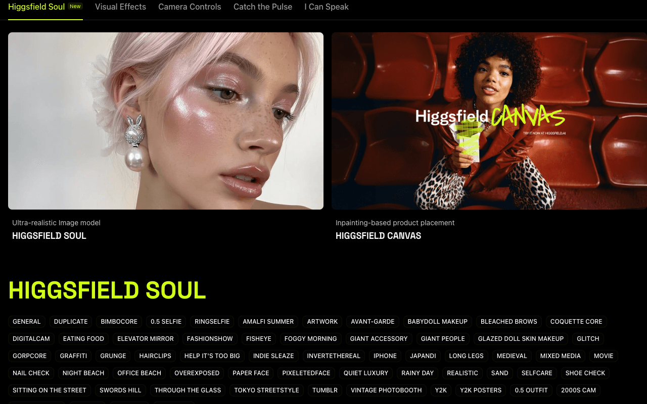 Higgsfield Video Generation showing Video Generation - Professional cinematic videos powered by advanced AI camera control
