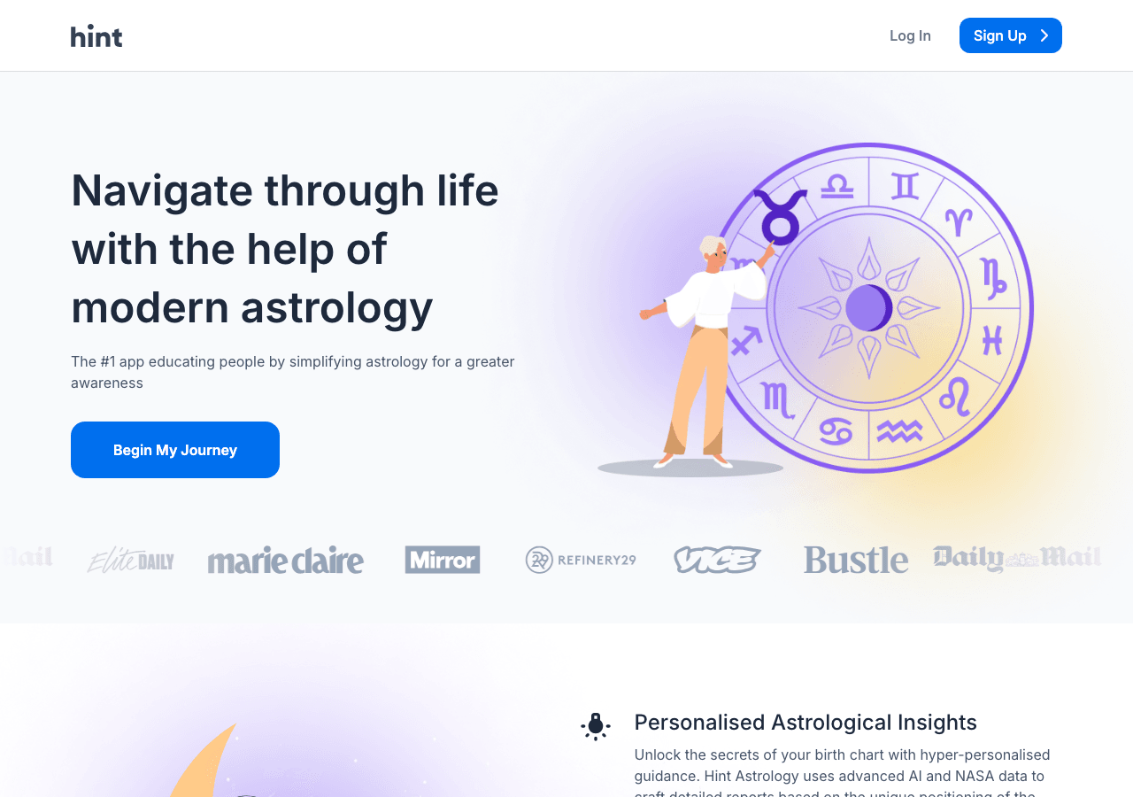 Hint Search & Discovery showing Search & Discovery - Hyper-personalized astrology powered by AI and NASA data