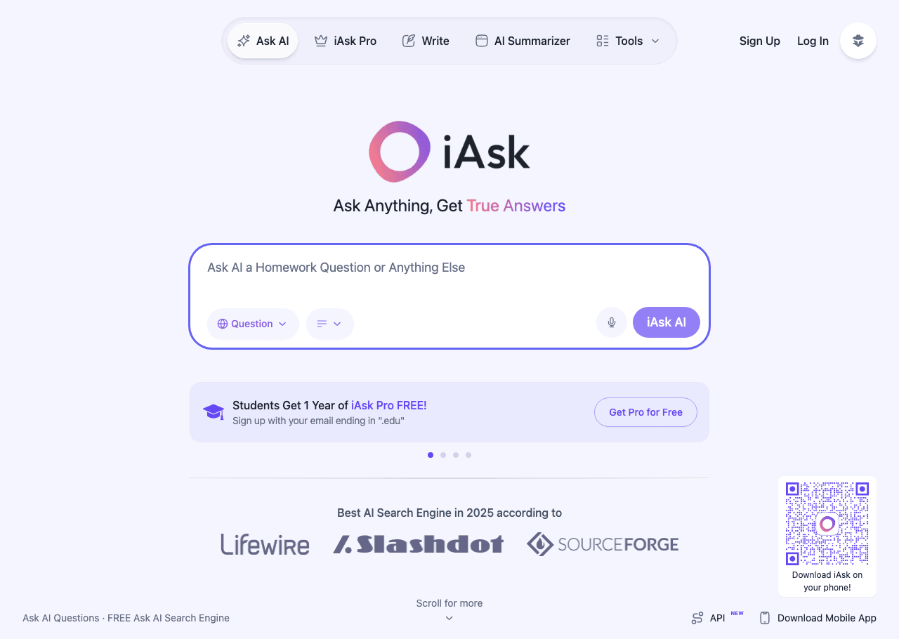 iAsk.Ai Search & Discovery showing Search & Discovery - Ask Anything. Get Factual Answers Instantly.