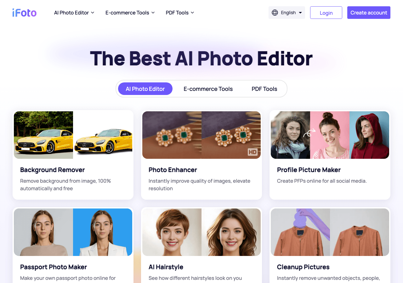 iFoto Design showing Design - Professional AI photo editing—upscale, enhance, generate headshots, and transform images effort