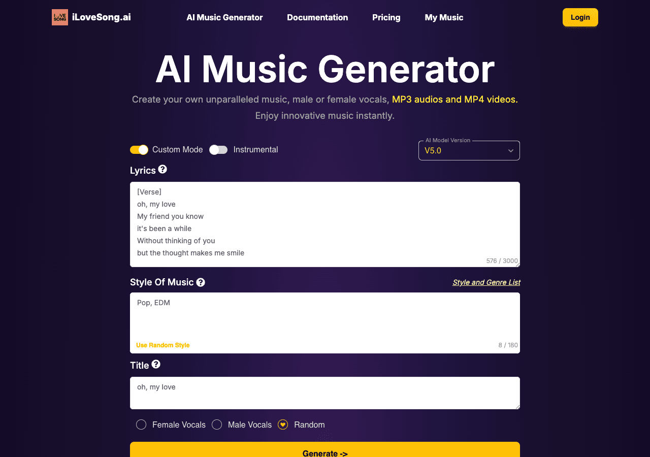 SongAI Music Generation showing Music Generation - Turn your words into original songs with AI