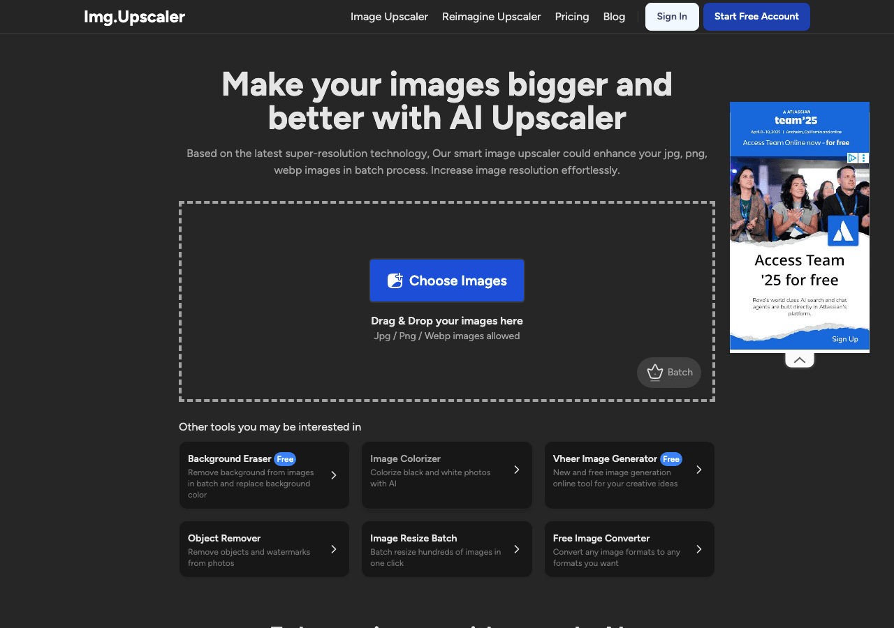 ImgUpscaler Design showing ai image upscaling - Upscale and enhance images to ultra-high resolution—free, fast, and easy