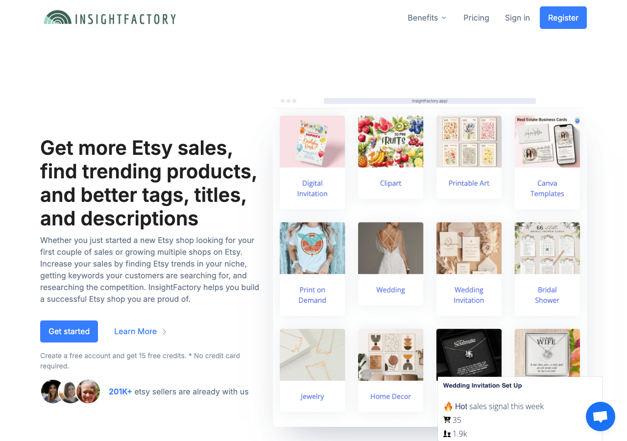 InsightFactory Data Analytics showing Data Analytics - Increase Etsy sales with verified trends and smarter keyword research.