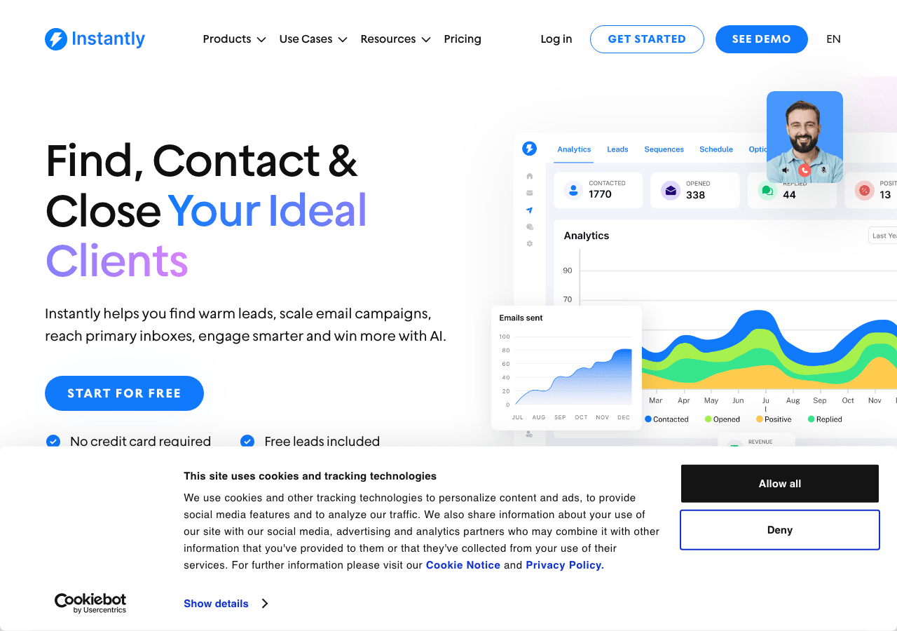 Instantly Marketing Automation showing Marketing Automation - Find warm leads. Scale outreach. Win more deals with AI.