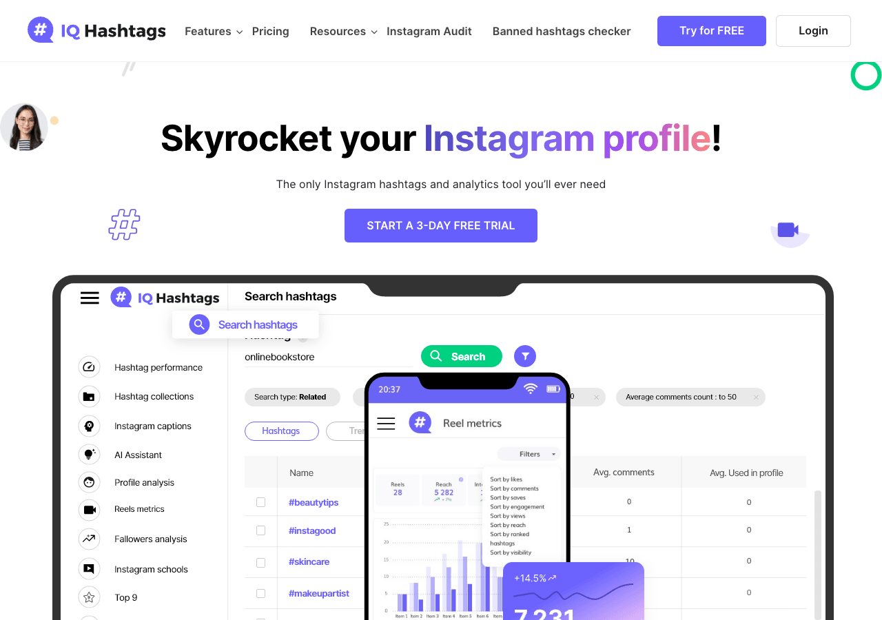 IQ Hashtags Marketing Automation showing Marketing Automation - Grow on Instagram with smart analytics and AI-powered hashtag