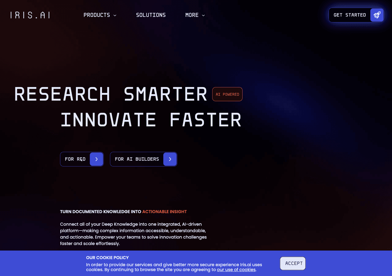 Iris.ai Scientific Research showing Scientific Research - Your science assistant