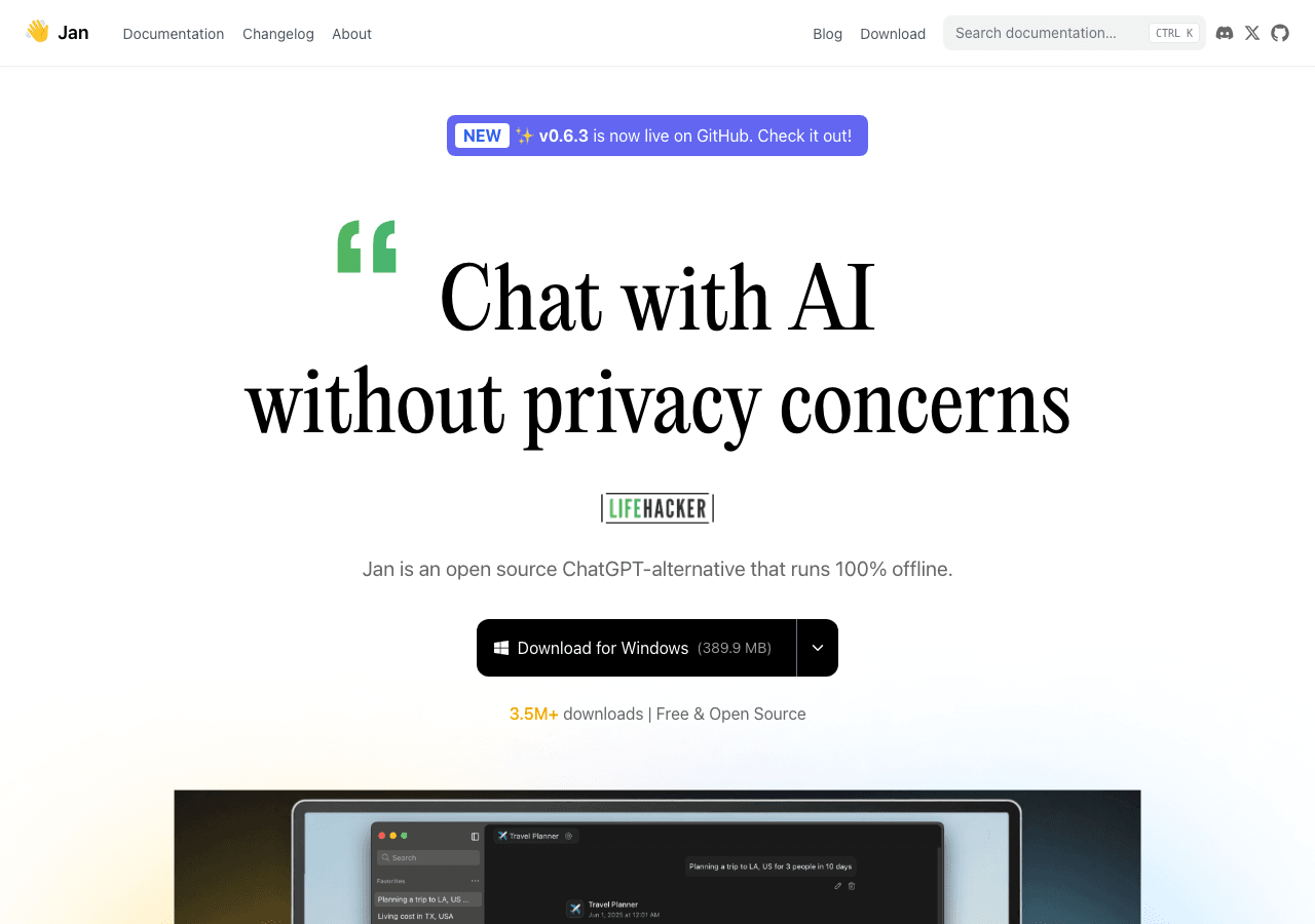 Jan AI Conversational AI showing Conversational AI - Open-source, local AI—your data, your rules.