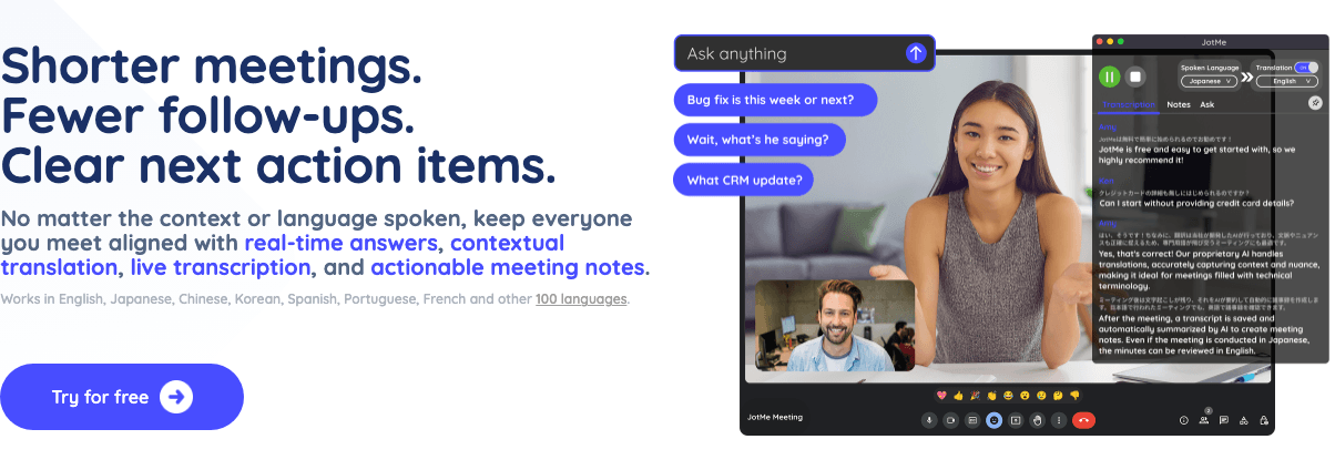 JotMe Conversational AI showing Conversational AI - AI-powered real-time translation and transcription for multilingual meeti