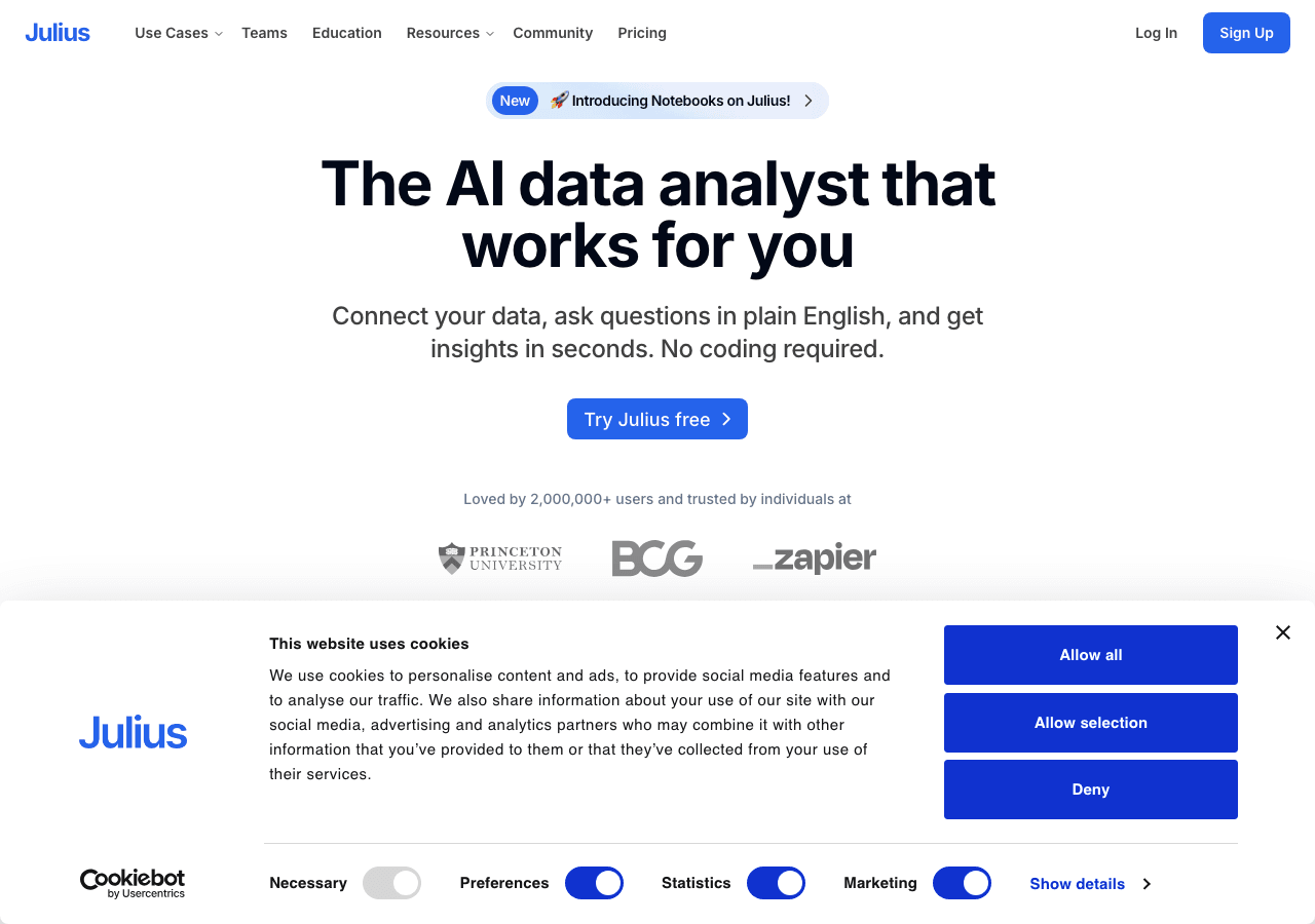 Julius AI Conversational AI showing Conversational AI - Turn your data into insights with AI-powered analysis