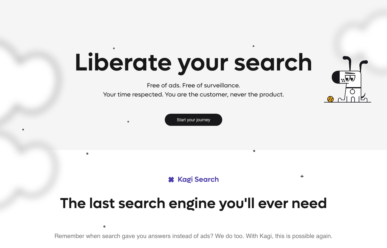 Kagi Search Search & Discovery showing Search & Discovery - Your search, your rules. Ad-free, private, and fully customizable