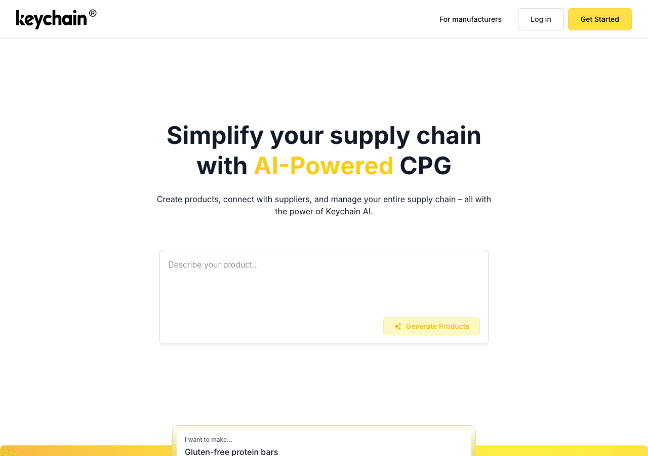 Keychain Search & Discovery showing Search & Discovery - The AI platform for CPG manufacturing