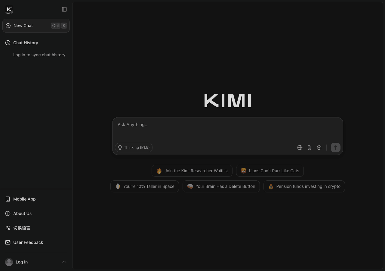 Kimi Conversational AI showing Conversational AI - Thinking agent for your complex tasks