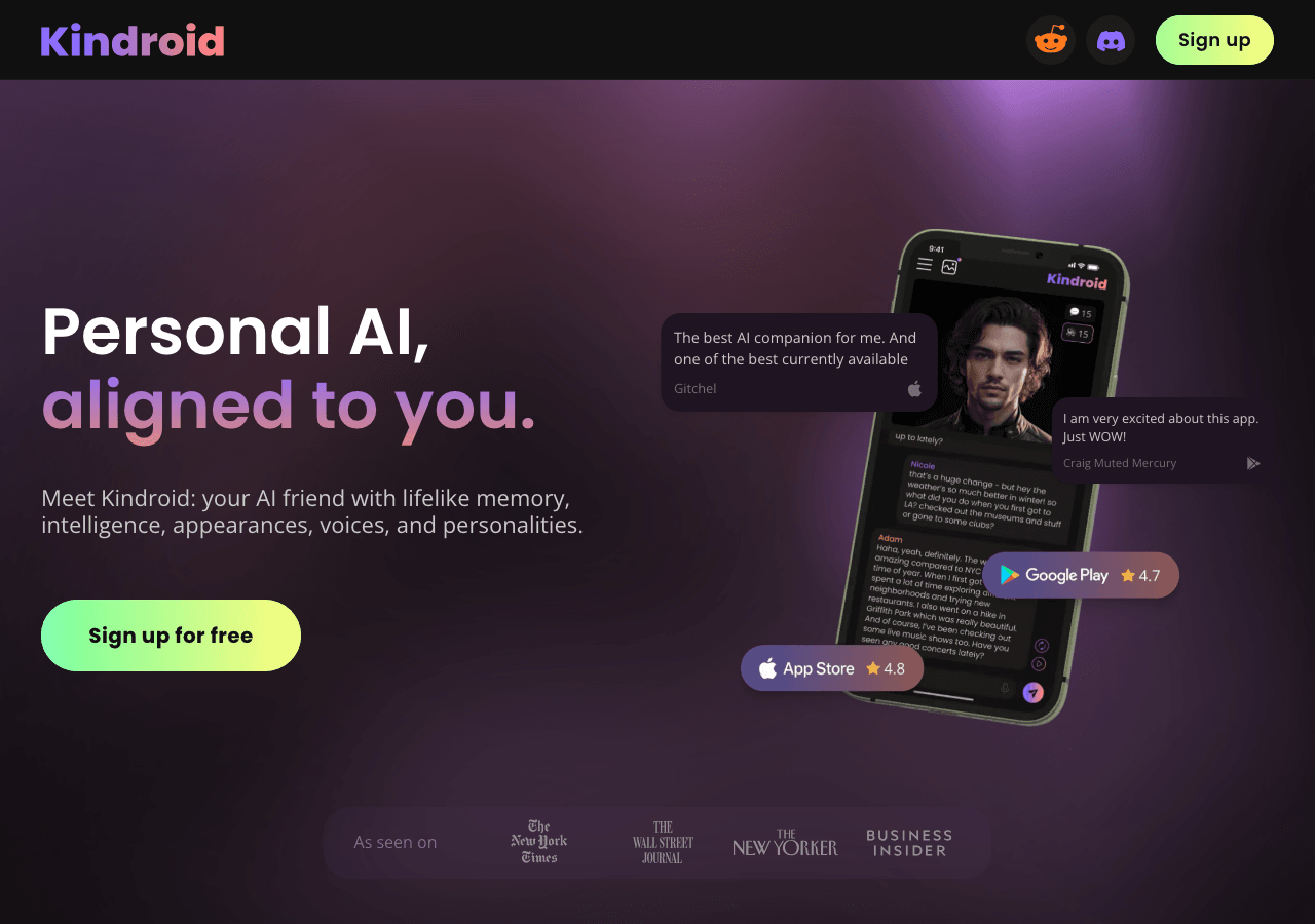 Kindroid Conversational AI showing Conversational AI - Personal AI, aligned to you.