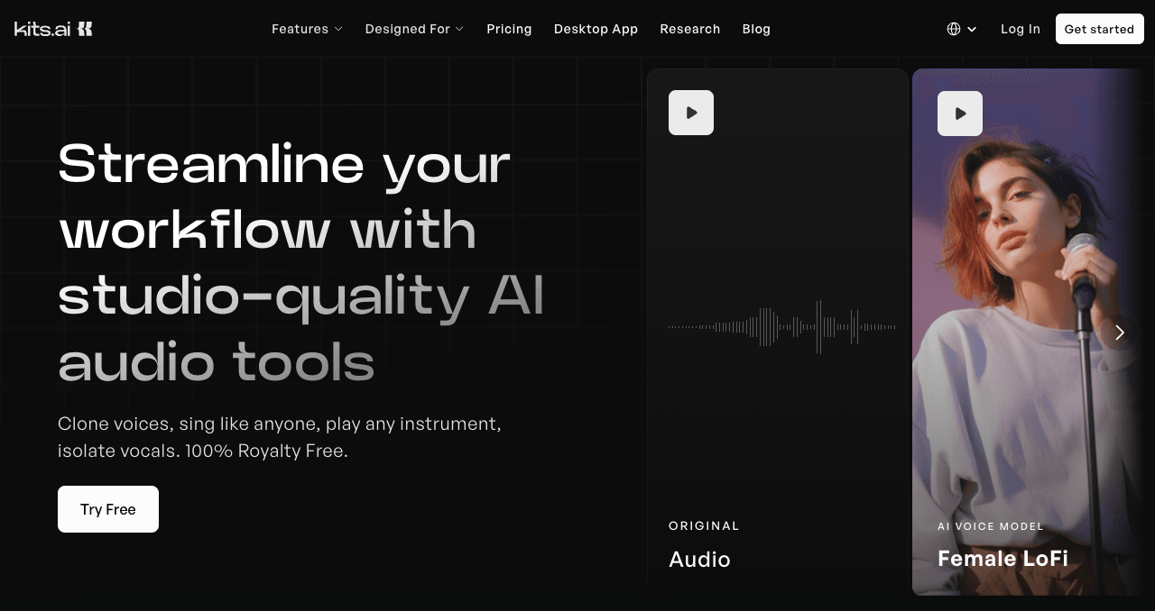 Kits AI Audio Generation showing Audio Generation - Empowering your content with AI