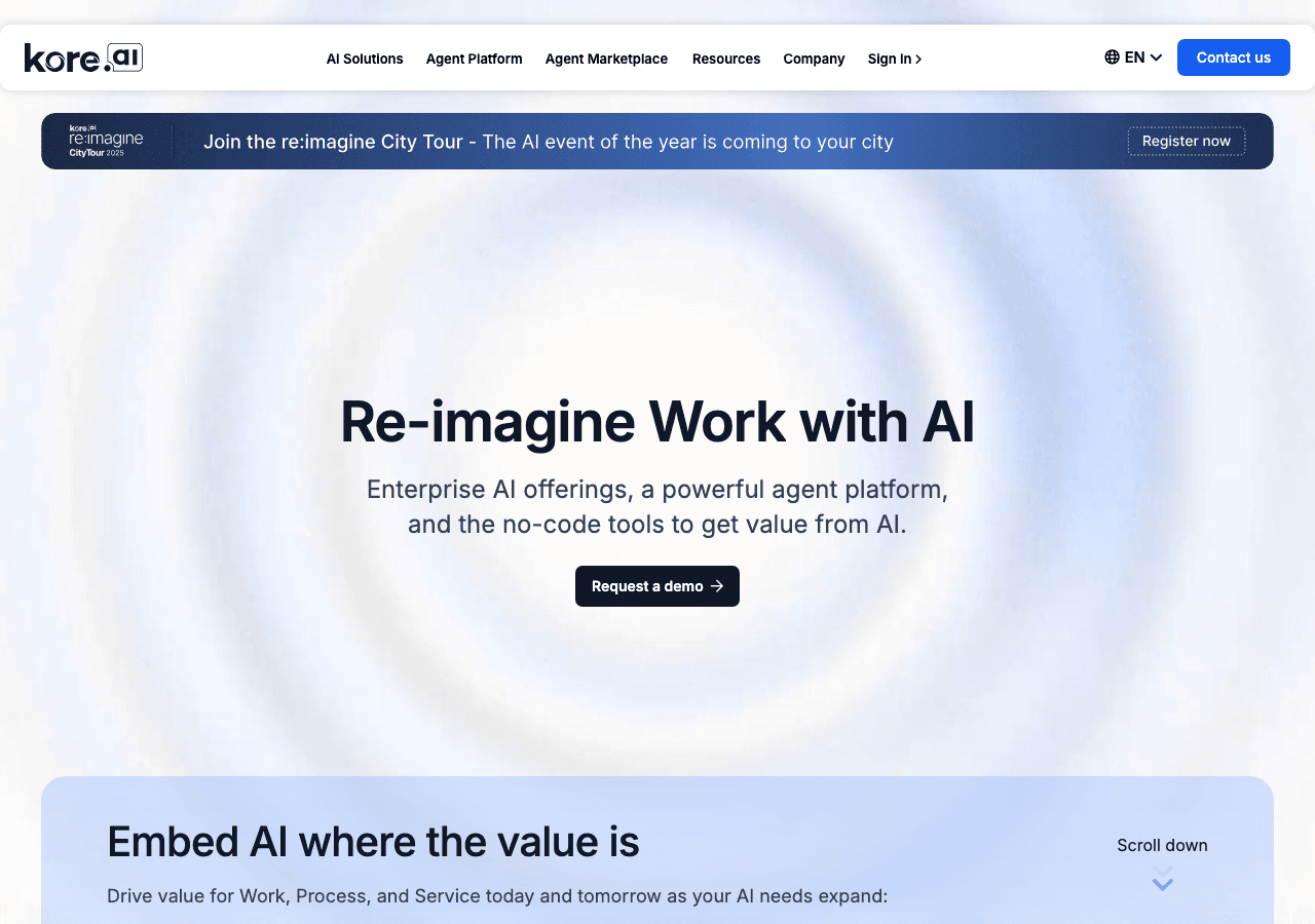 Kore.ai Conversational AI showing Conversational AI - Conversational AI Platform for Enterprises
