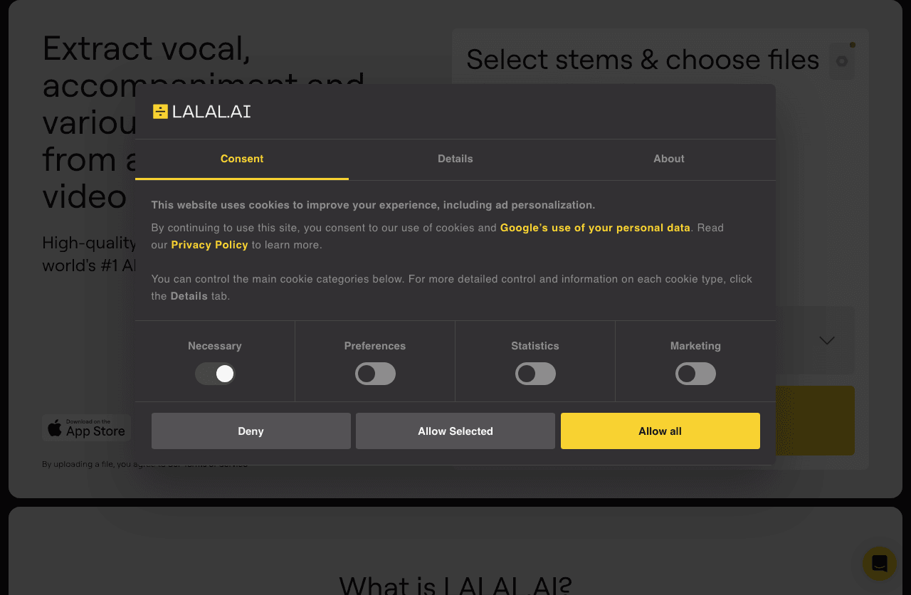 LALAL.AI Audio Editing showing Audio Editing - Vocal Remover & Instrumental AI Splitter