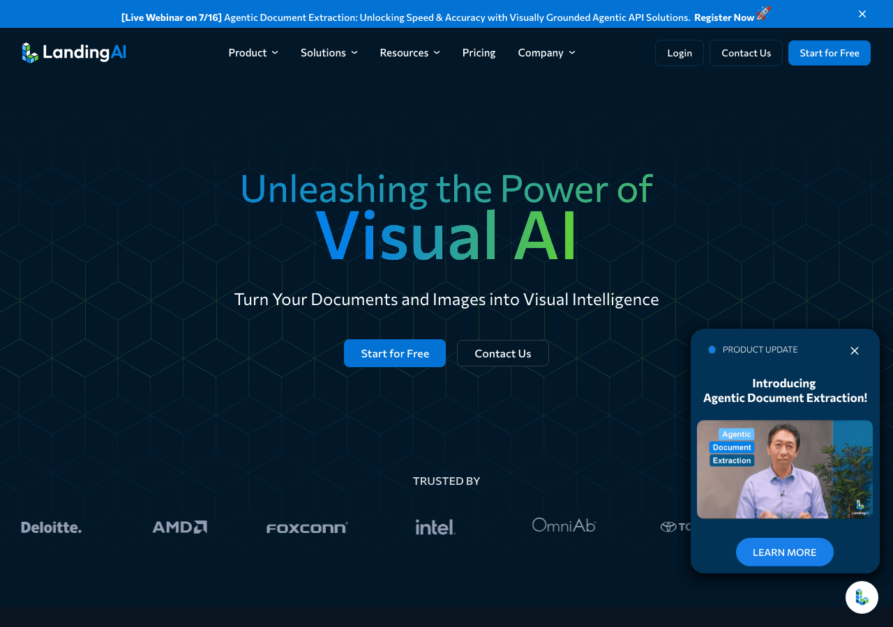 Landing AI Data Analytics showing computer vision - Agentic APIs for Intelligent Document Processing