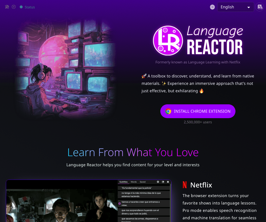 Language Reactor Writing & Translation showing Writing & Translation - Transform Netflix & YouTube into your personal languag