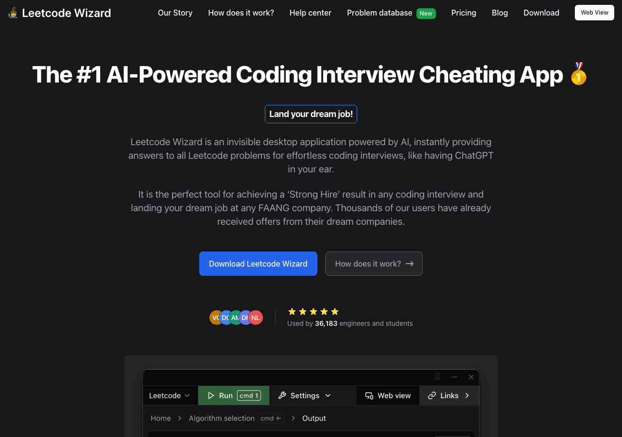 Leetcode Wizard Code Assistance showing Code Assistance - The #1 AI-Powered Coding Interview Cheating App