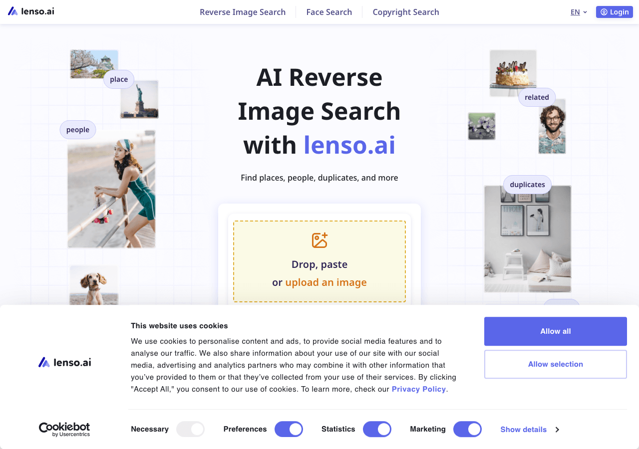 Lenso.ai Search & Discovery showing Search & Discovery - AI-powered reverse image search for smarter content tracking