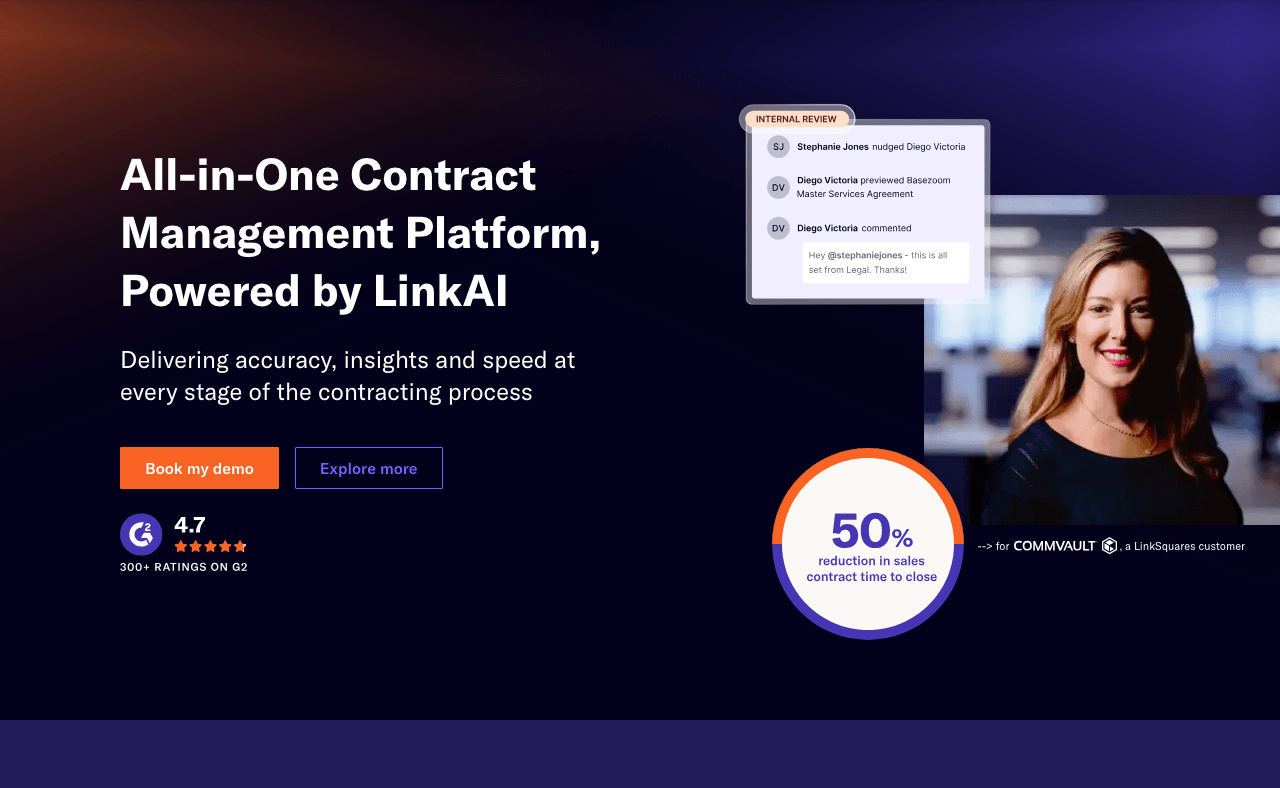 LinkSquares Conversational AI showing Conversational AI - Revolutionizing contract management with AI-powered insights, autom
