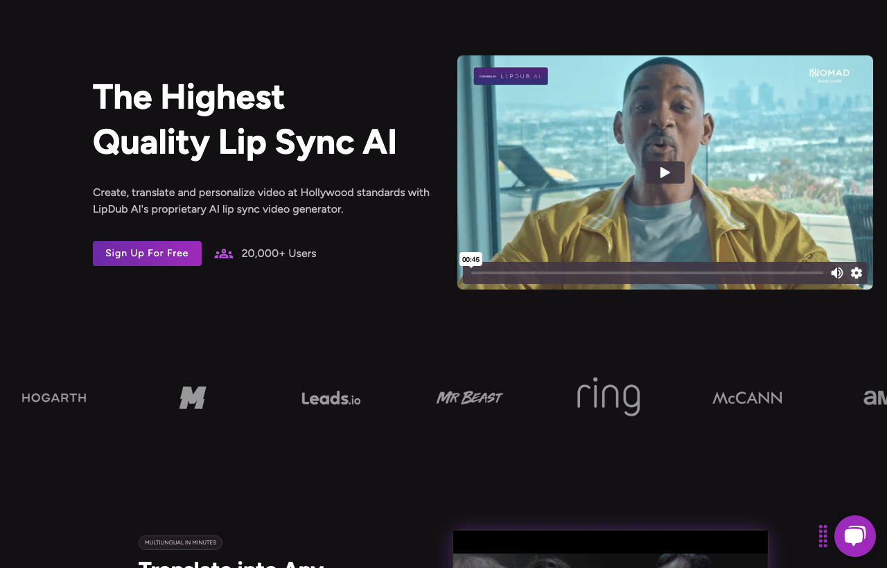 LipDub AI Video Generation showing Video Generation - Create, translate & personalize video with the most realistic AI lip sy