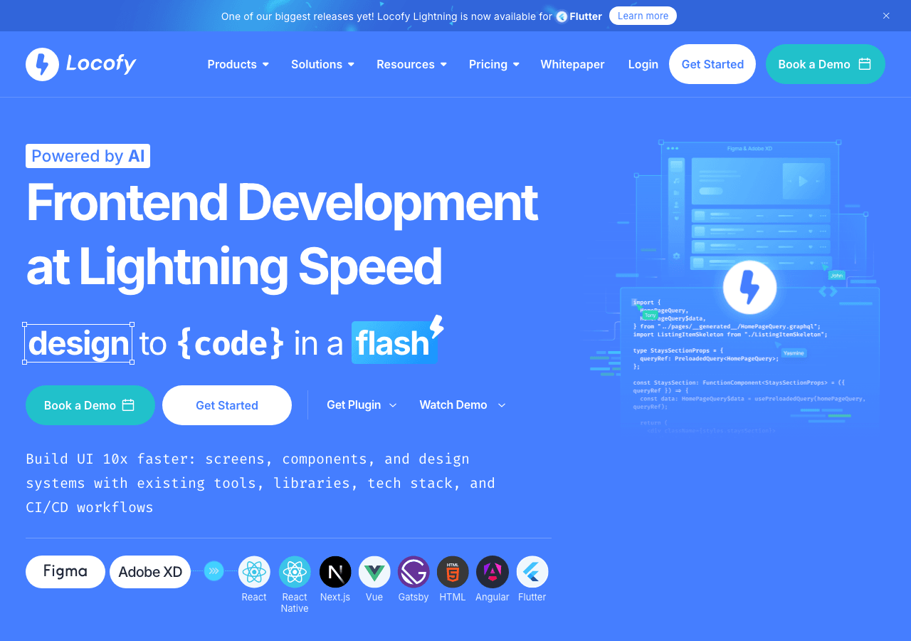 Locofy.ai Code Assistance showing Code Assistance - Ship from design to code 10x faster with AI
