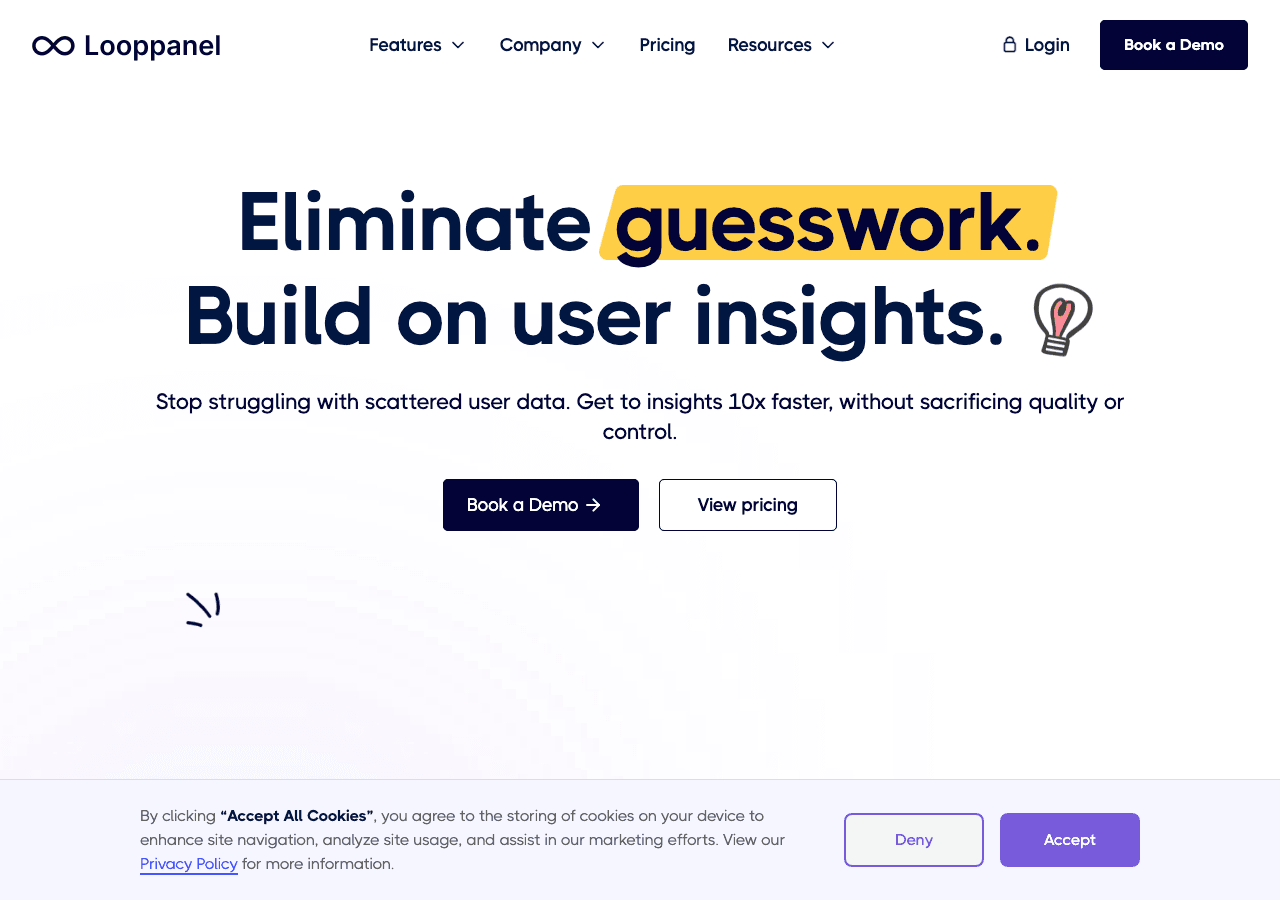 Looppanel Data Analytics showing Data Analytics - Analyze user interviews 10x faster with AI-powered UX research