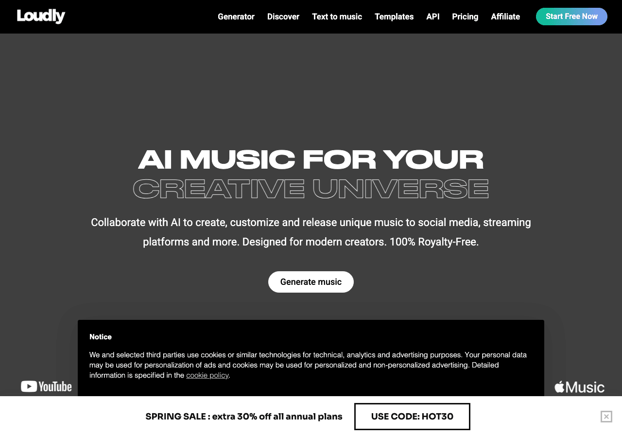 Loudly Audio Generation showing Audio Generation - Create AI music in seconds