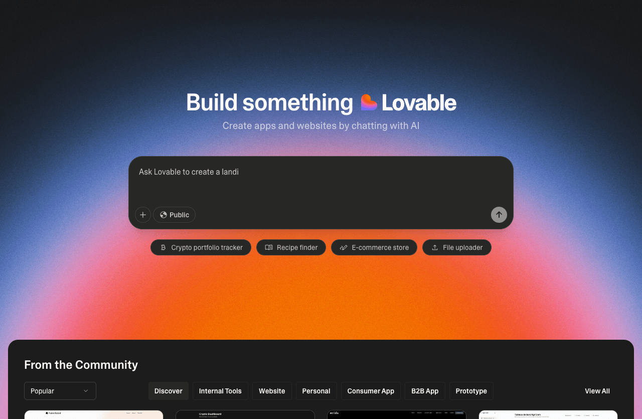 Lovable Code Assistance showing Code Assistance - Build full-stack apps from plain English