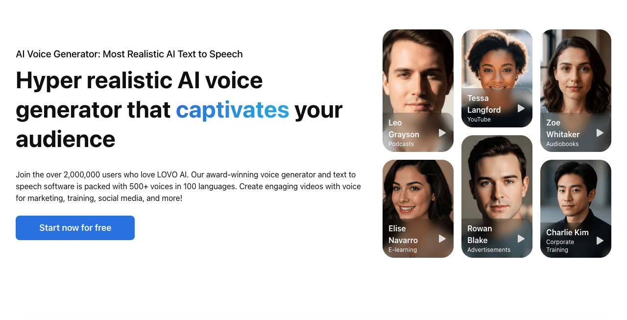 LOVO Audio Generation showing Audio Generation - Free AI voice generator & text to speech with 500+ voices in 100+ languages