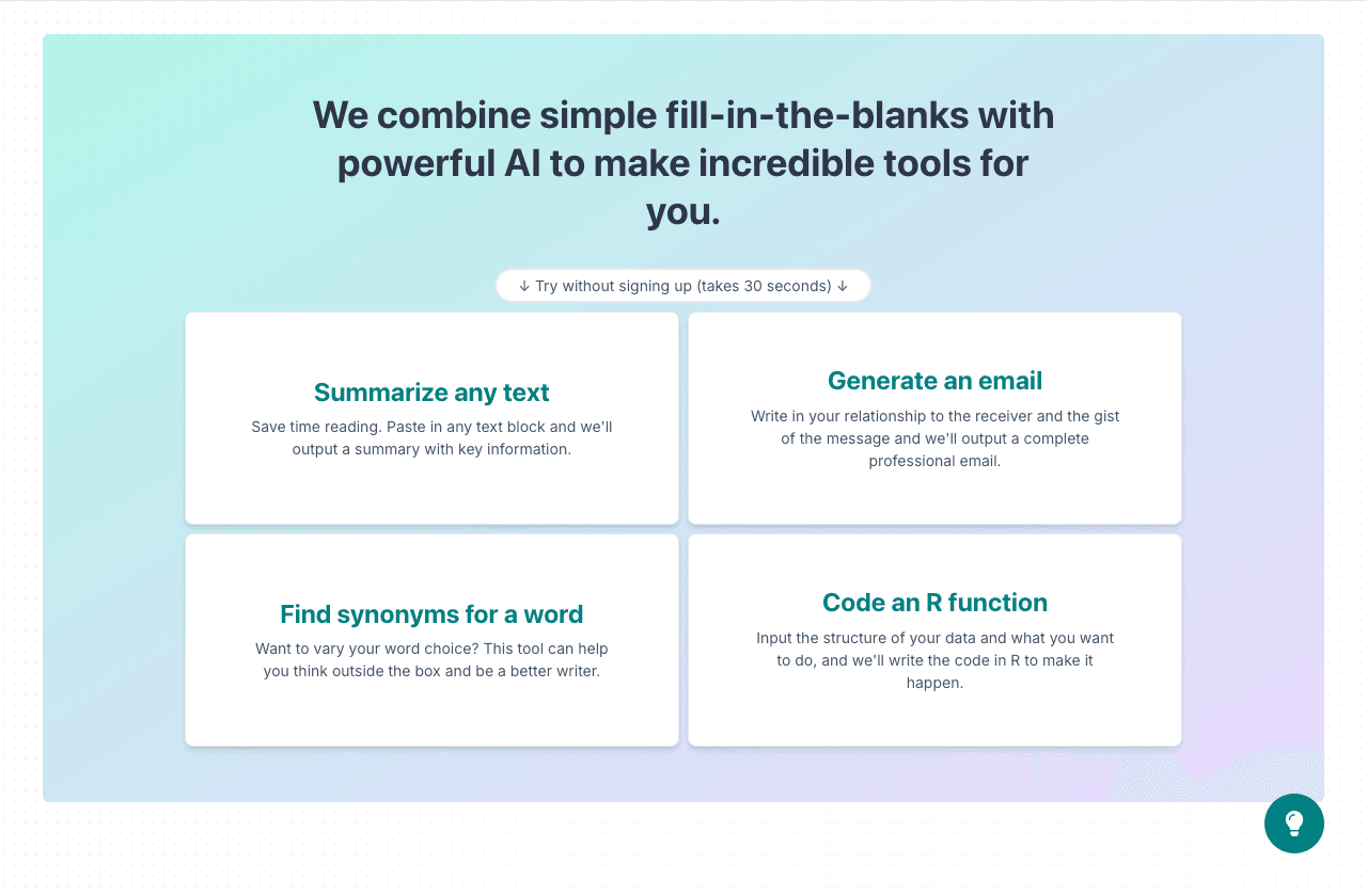 LowTech AI Productivity & Collaboration showing Productivity & Collaboration - AI as simple as fill‑in‑the‑blank.