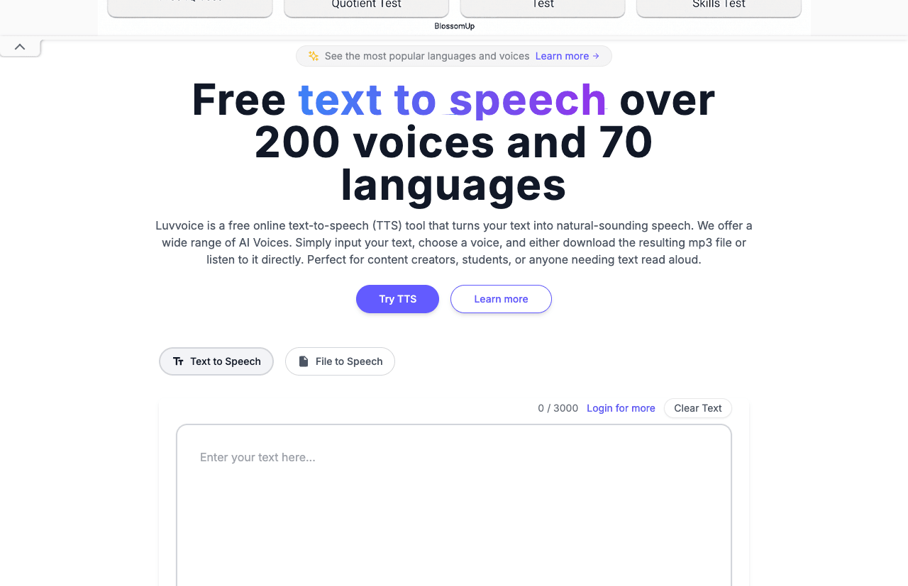 Luvvoice Audio Generation showing Audio Generation - Free, unlimited AI text-to-speech with 200+ natural voices in 70+ langua