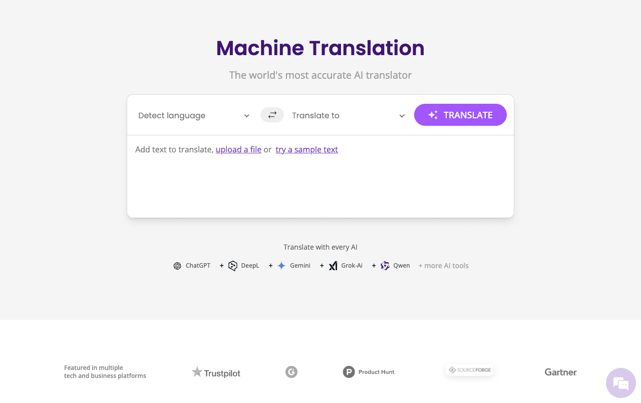 MachineTranslation.com Writing & Translation showing Writing & Translation - Breaking language barriers with AI