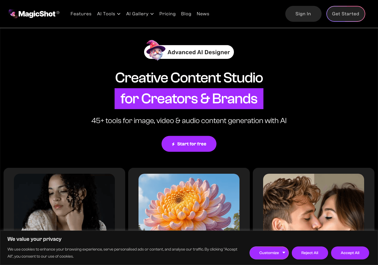 MagicShot.ai Image Generation showing Image Generation - Unleash your creativity with all-in-one AI photo, video, and audio t
