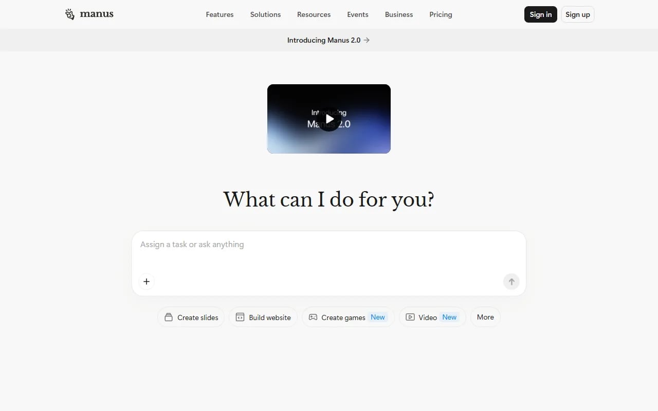 Manus AI Productivity & Collaboration showing Productivity & Collaboration - Your ideas, executed autonomously—meet Manus.