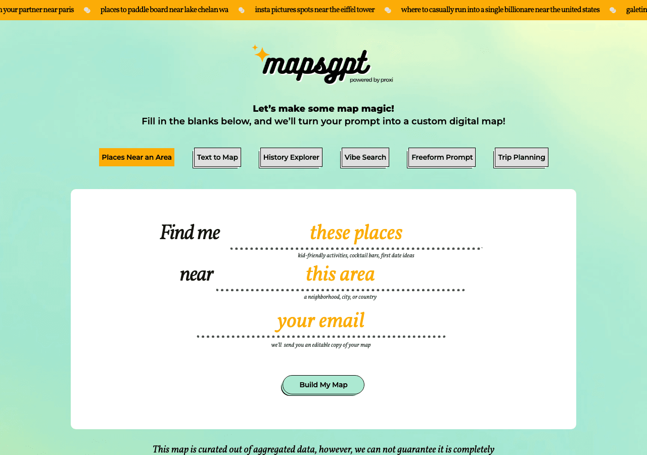 MapsGPT Search & Discovery showing Search & Discovery - Turn your ideas into custom maps in seconds